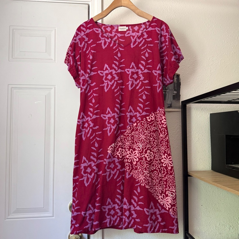 ANMAKO red pink floral botanical tropical v-neck short sleeve mini dress